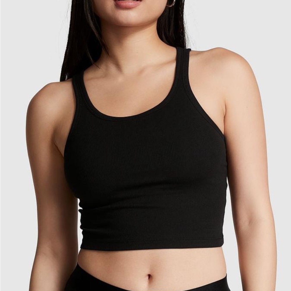 VS PINK Cotton Ribbed Cropped Tank Top Large Black Layering Basic